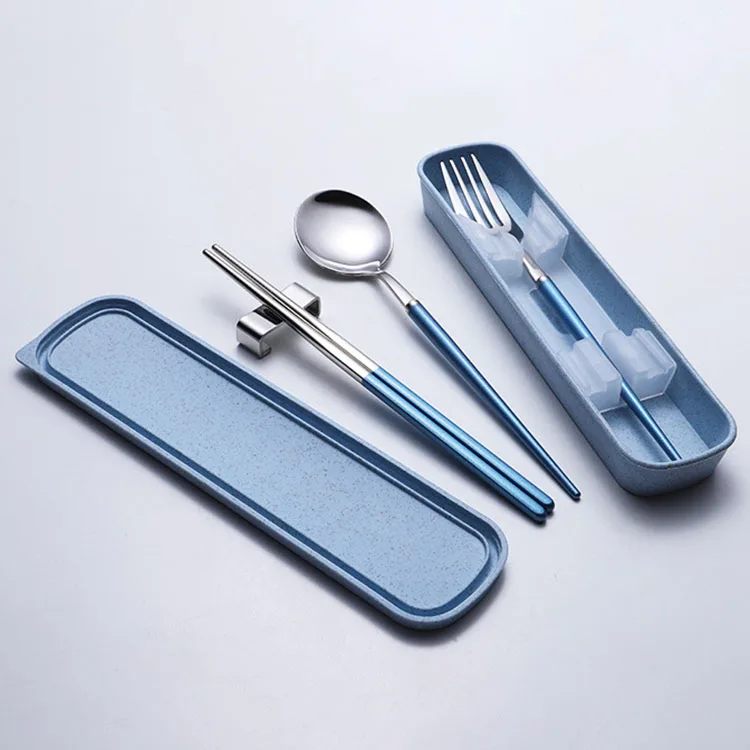 Portable Cutlery Set Travel Cutlery stainless steel Spoon Chopsticks Fork and Wheat Box