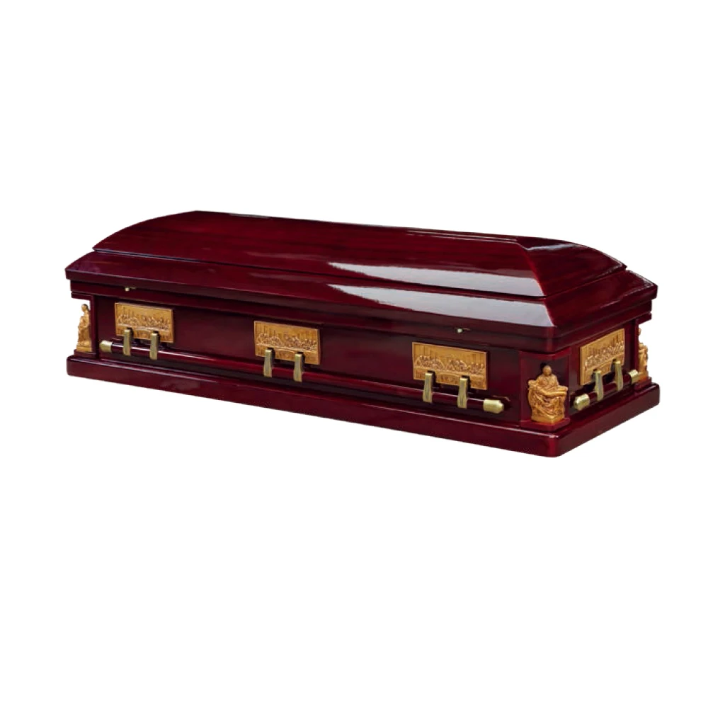 European Style Solid Wood Sapele Material Coffin Case High Gloss Varnish Funeral Casket