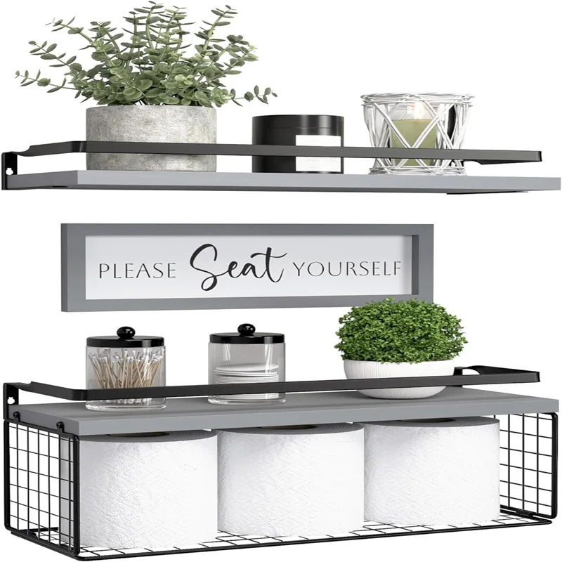 2024 Floating Shelves with Wall Bathroom Shelves Over Toilet with Wire Storage Basket Wooden Wall Shelf