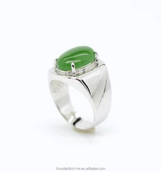 Factory manufacturer natural genuine green jade A grade 10x14mm oval cabochon silver ring