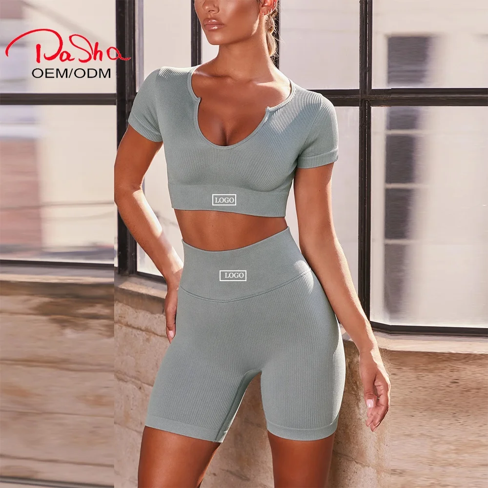 Новинка 2021, бесшовный укороченный топ и шорты из пашата с коротким рукавом, комплект для женщин, одежда для фитнеса, тренажерного зала, йоги