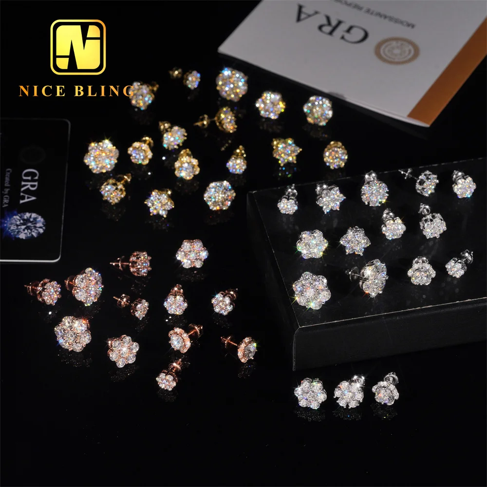 Hot Sale Pass Diamond Tester Hip Hop 925 Silver Gold Plated VVS Diamond Moissanite Flower Stud Earrings Cluster