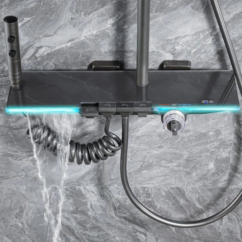 Push button Led thermostatic shower column system black gun gray copper piano high pressure shower set