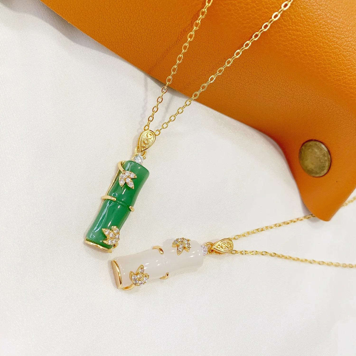 Gold Plated Stainless Steel Long Bamboo Shape Charm Pink Natural Jade Pendant Necklace
