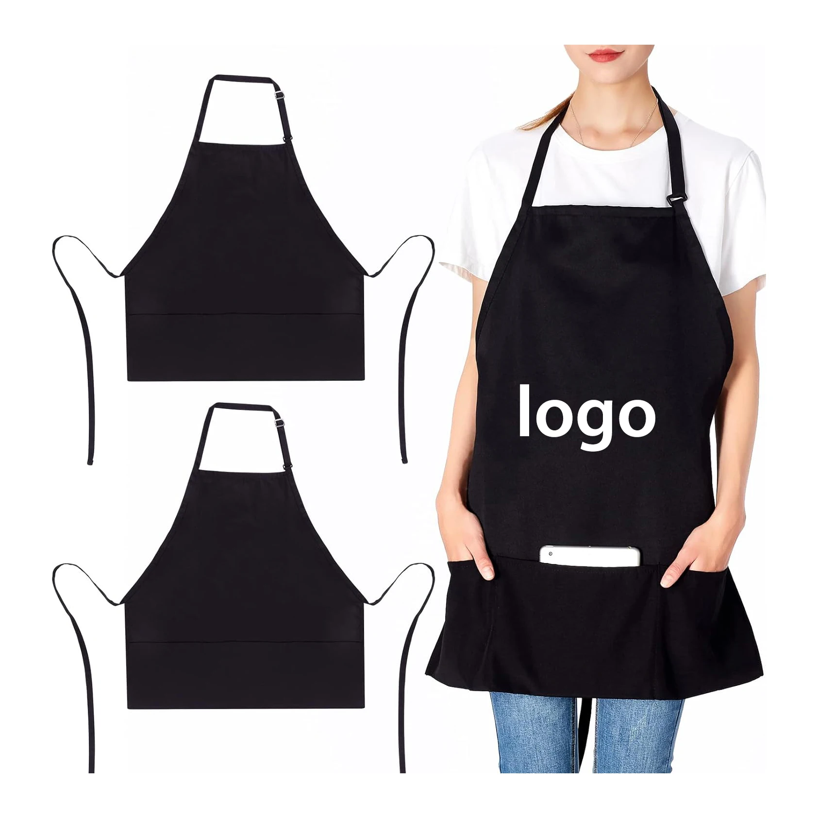 Hot Chef Kitchen Cooking 3 Pocket Adjustable Bibs Men Machine Washable Polyester Black Aprons For Women