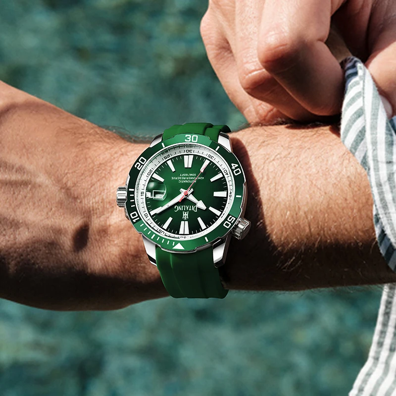 DITALING Stainless Steel Men Wrist Watch Diver Waterproof Rubber Strap Automatic Watches