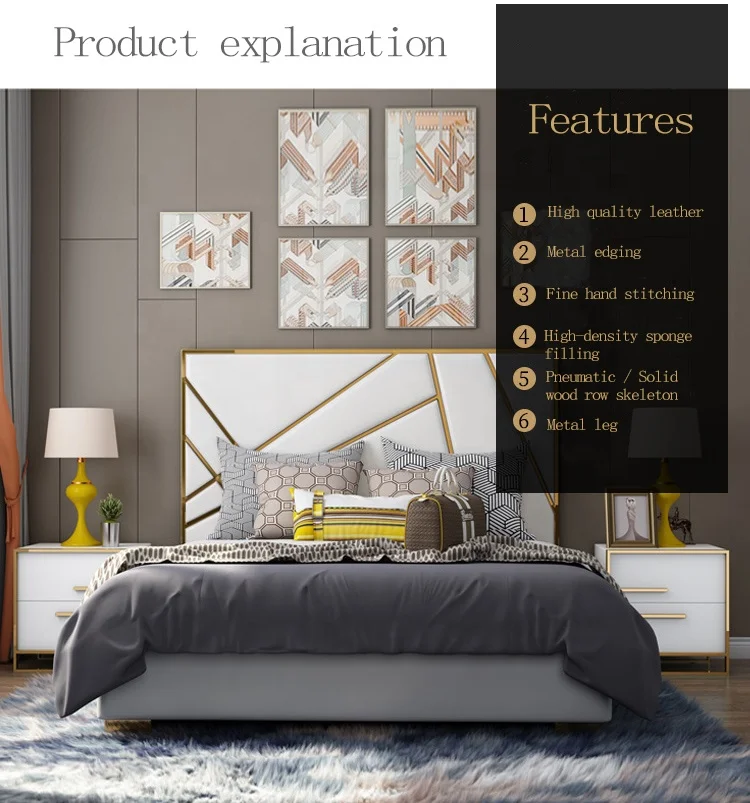 Postmodern new luxury bed king size bed frame leather bed bedroom Furniture