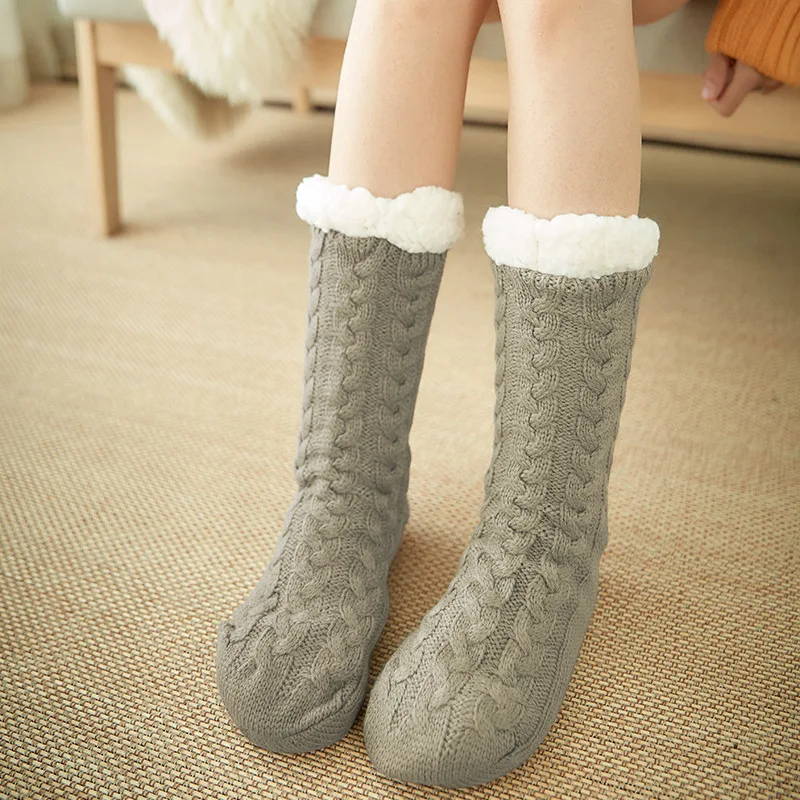 JHR216 Christmas new year warm fuzzy cozy cotton socks soft sock fleece lining knit non slip thick winter