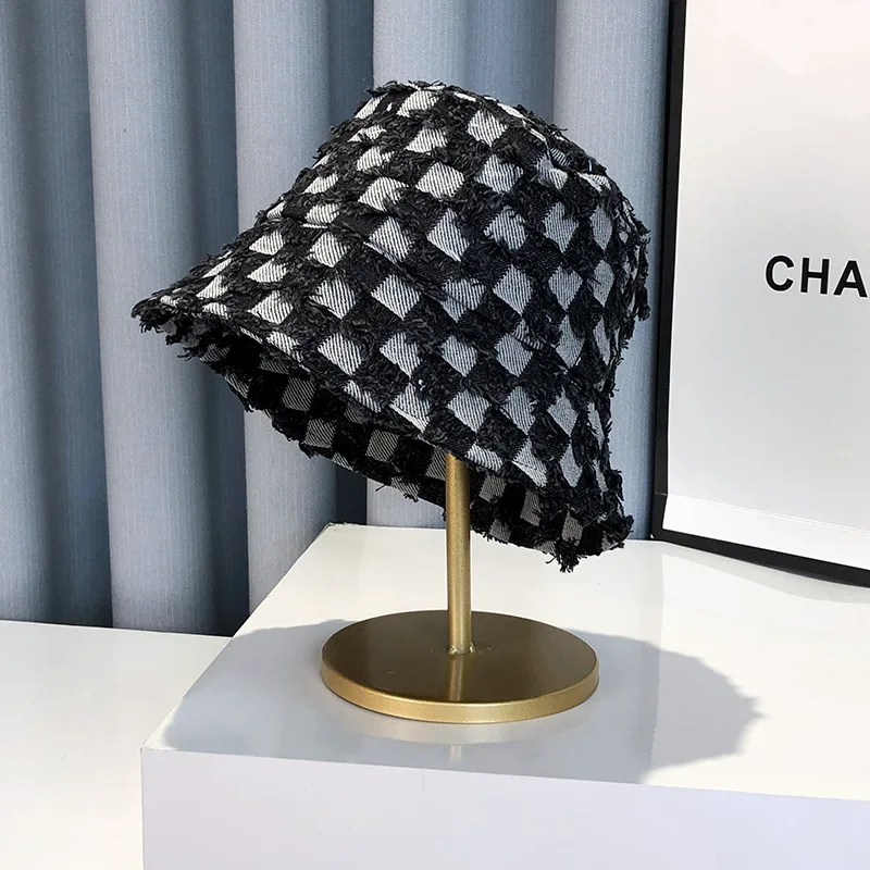 Denim Slippers Bucket Hat Purse Handbag Bag Set Cowboy Checkerboard Wedges Heels Flat Slides Slippers for Women Lady