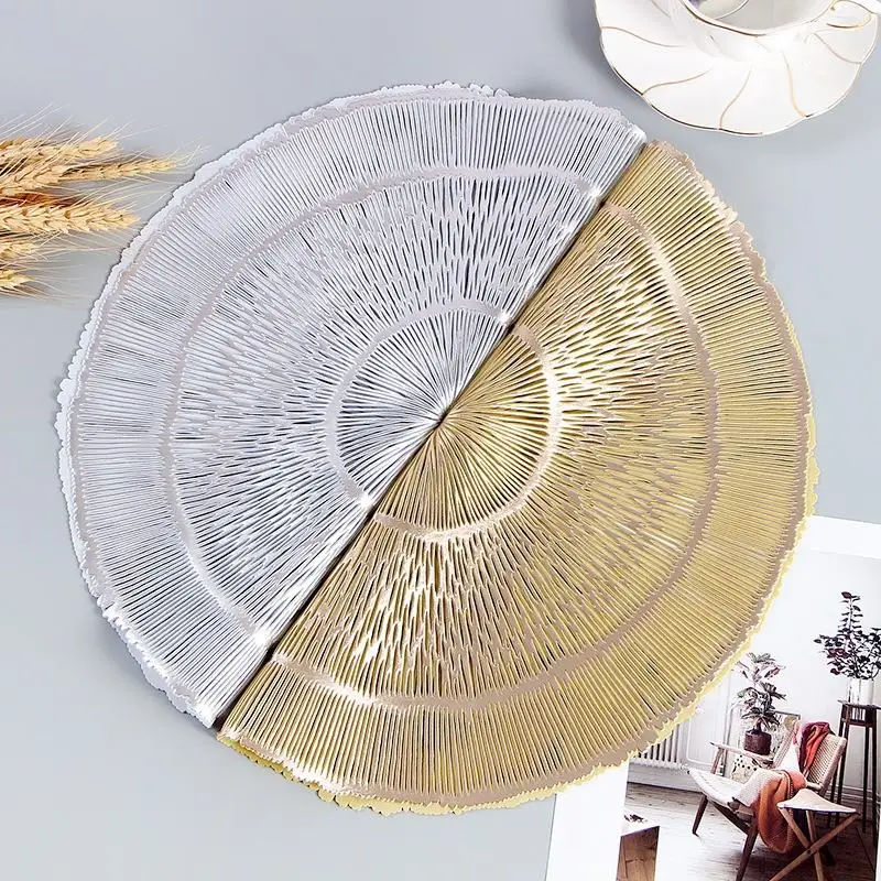 Wedding mat 38 cm hollow gold and silver leaf flower fan-shaped round table polyvinyl chloride table mat