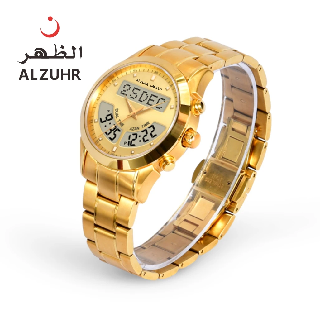 Golden stainless steel azan al fajr qibla direction digital clock muslim Men Jam Tangan Watches ALZUHR602