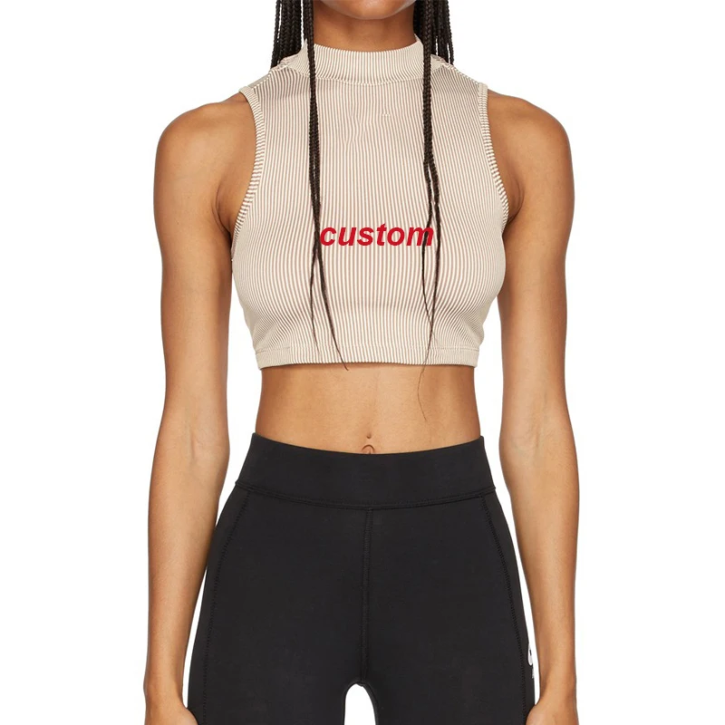 Women Sporty Mock Neck Cropped Top Custom Embroidery Logo Sleeveless Ribbed Knitted Yoga Tank Tops