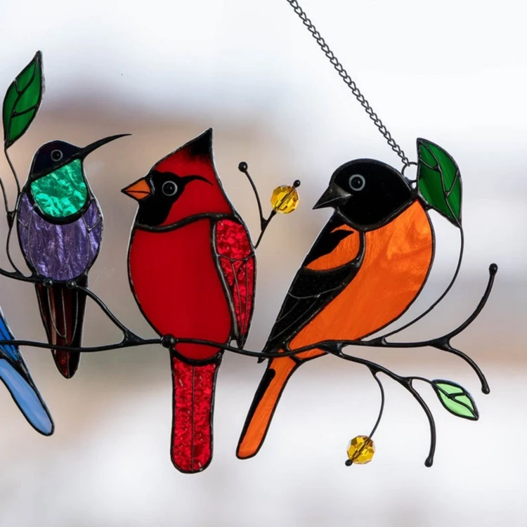 Stained Glass Panels Bird Window Panel Stained Glass Hanging Panel Acrylic Birds On Wire Home Garden Sun Catcher Bird Gifts