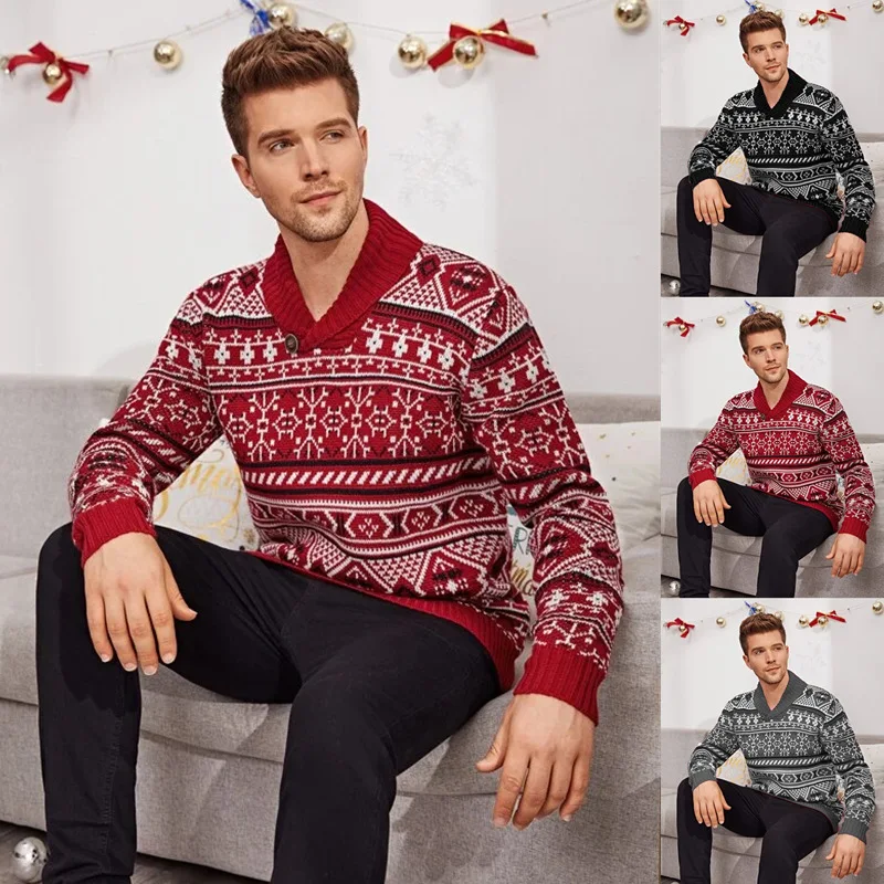 Mens Jacquard Knit Pullover Sweaters Turndown Collar Christmas Sweater For Men