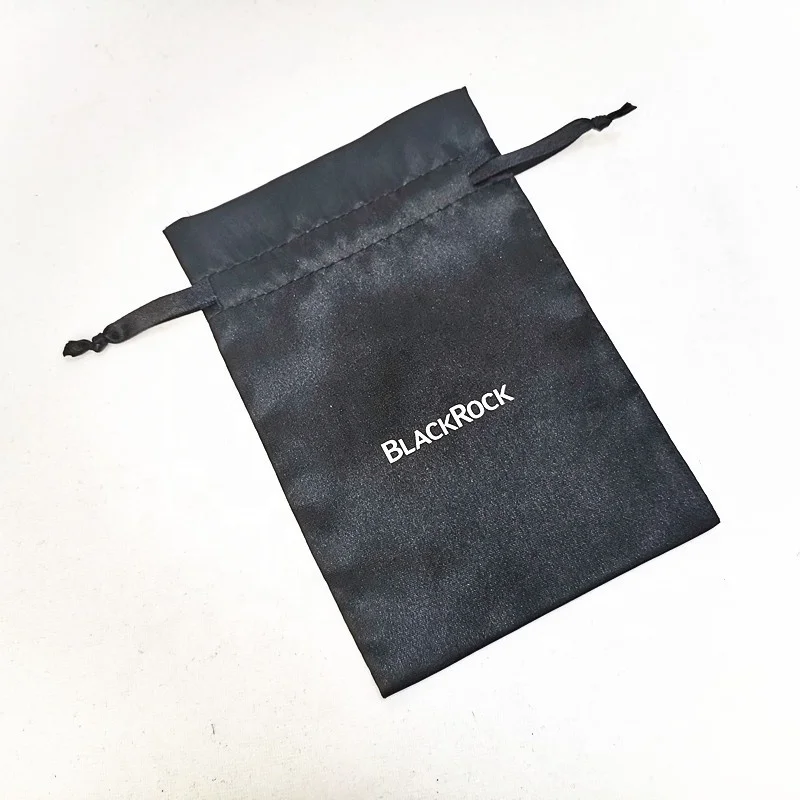 Promotional Custom Logo Black  Satin Drawstring Bag Jewelry Gems Pouch