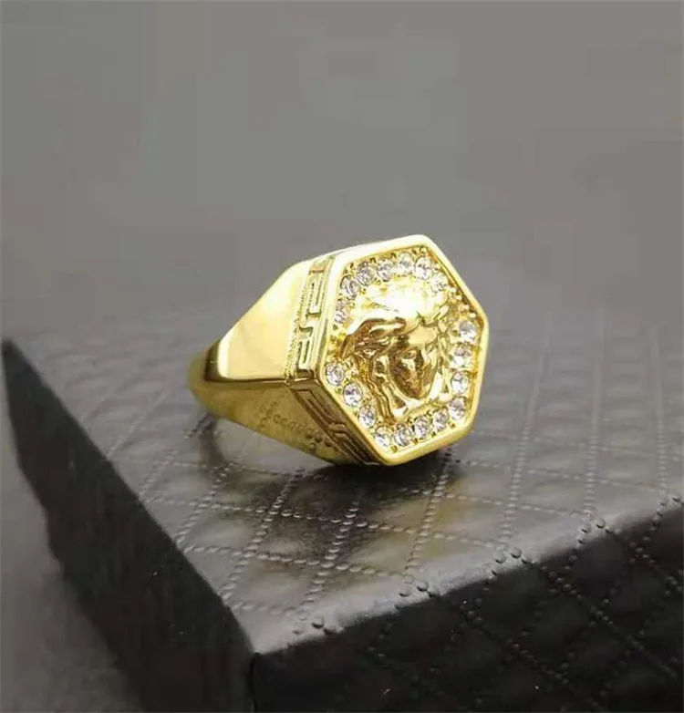  Luxury Brand Customize Ancient Greek Myth Snakes Ring 18K Gold Plated Titanium Steel Hexagonal Diamond Medusa Punk
