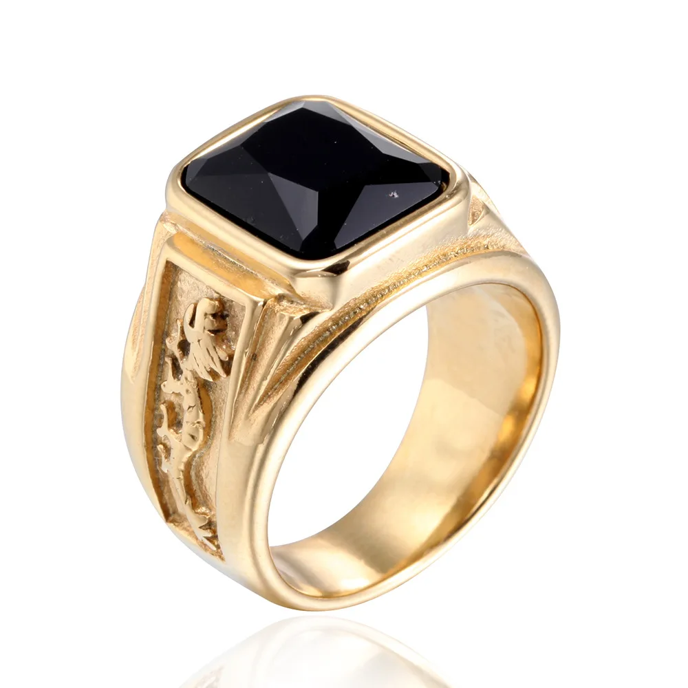 G3329 Wholesale Fashion Finger Ring Jewelry Stainless Steel Gold Plated Square Rhinestone Stone Black Ring For Men