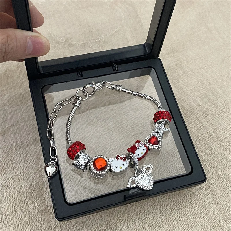 Kawaii Kitty Cat Bangle Bracelets for Women Girls Love Heart DIY Beads Accessories Bracelet Pink Red Sweet Friend Charm Bracelet