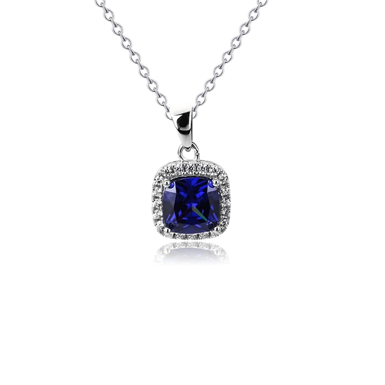 High-End Fashion Women Pendant Necklace Silver S925 Rhodium Plated Cushion Shape Tanzanite CZ  Pendant Necklace