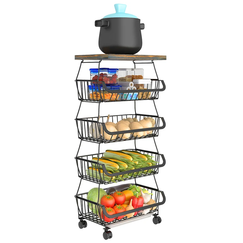 Home Mobile Vegetable Fruit Food Storage Basket Rack Kitchen Cart Trolley with Wheels