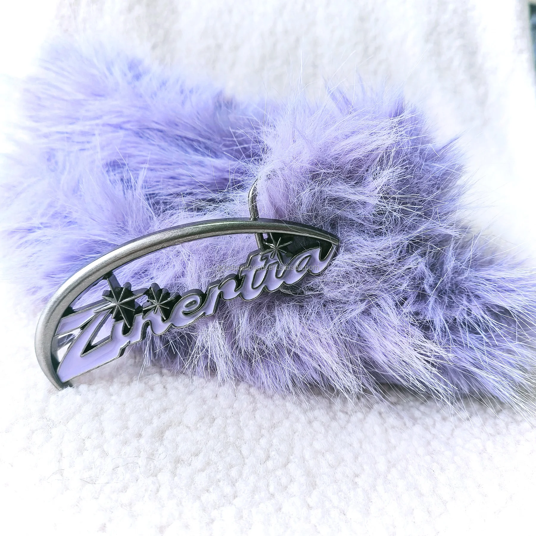 Fashion new design belt artificial purple fur with black full grain Leather zinc alloy custom buckle for men women