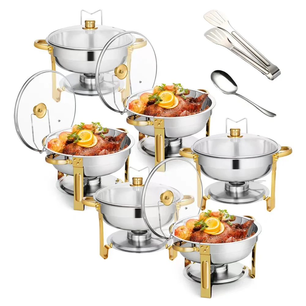 5qt Golden legs Double ear Chafing Dish Glass lid Holder Wedding Food Buffet Display Chefing Dish Alcohol Heating Food Warmer