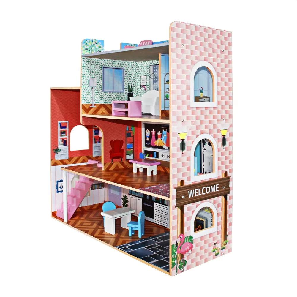 weifu CE kids simulation play toy three layers wooden fire station toy boys play house