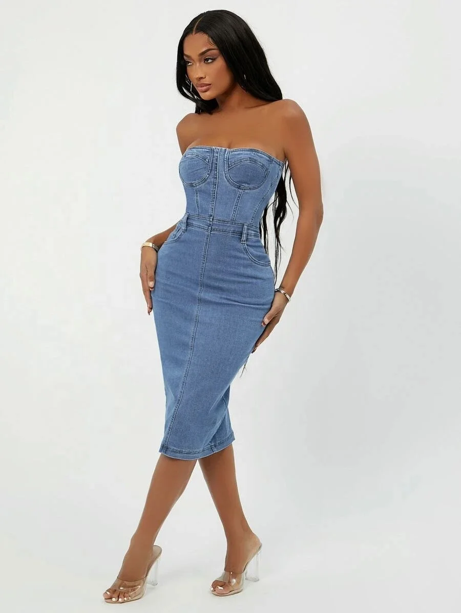 New Women Split Hem Tube Denim Bodycon Dress Ladies Jeans Dresses