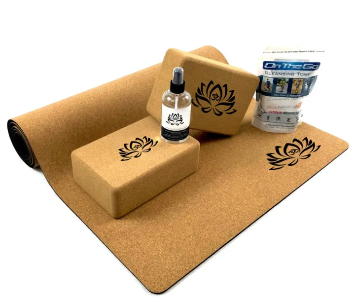 Free Sample Custom 100% Eco Friendly Cork Yoga Mat Set Natural Rubber With Yoga Block And Foam Roller Massage Ball