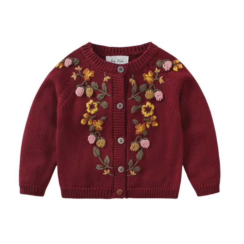 Custom Kids Woolen Knitted Sweater Autumn And Winter Warm Handmade Embroidery Floral Coat Cardigan Children Cotton Outwear