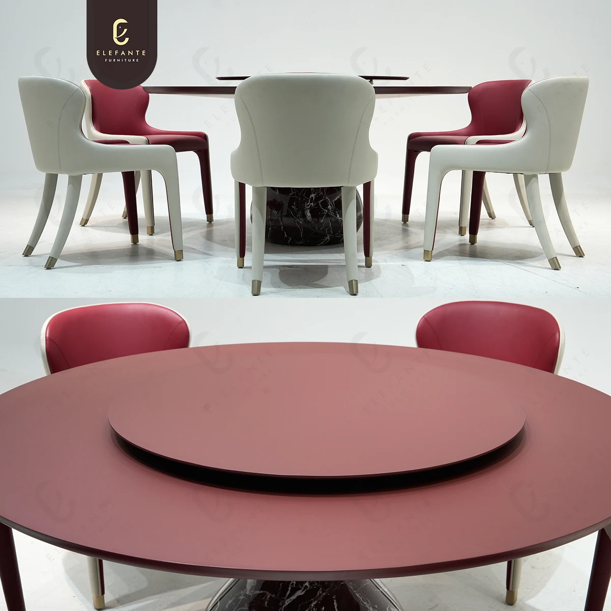 Elefante Round Dining Table Set 6 Seater Phoenix Board Countertop with Marble Stone Base Dining Table