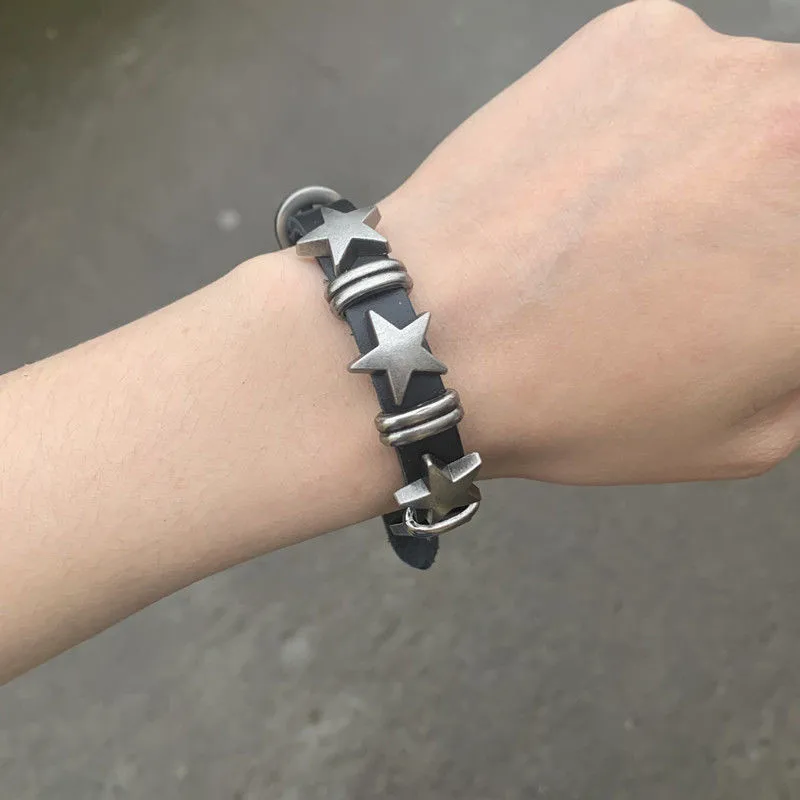 Vintage Star Rivet Bracelets for Women Girls Punk Y2K Black Leather Bracelet Trend Accessories