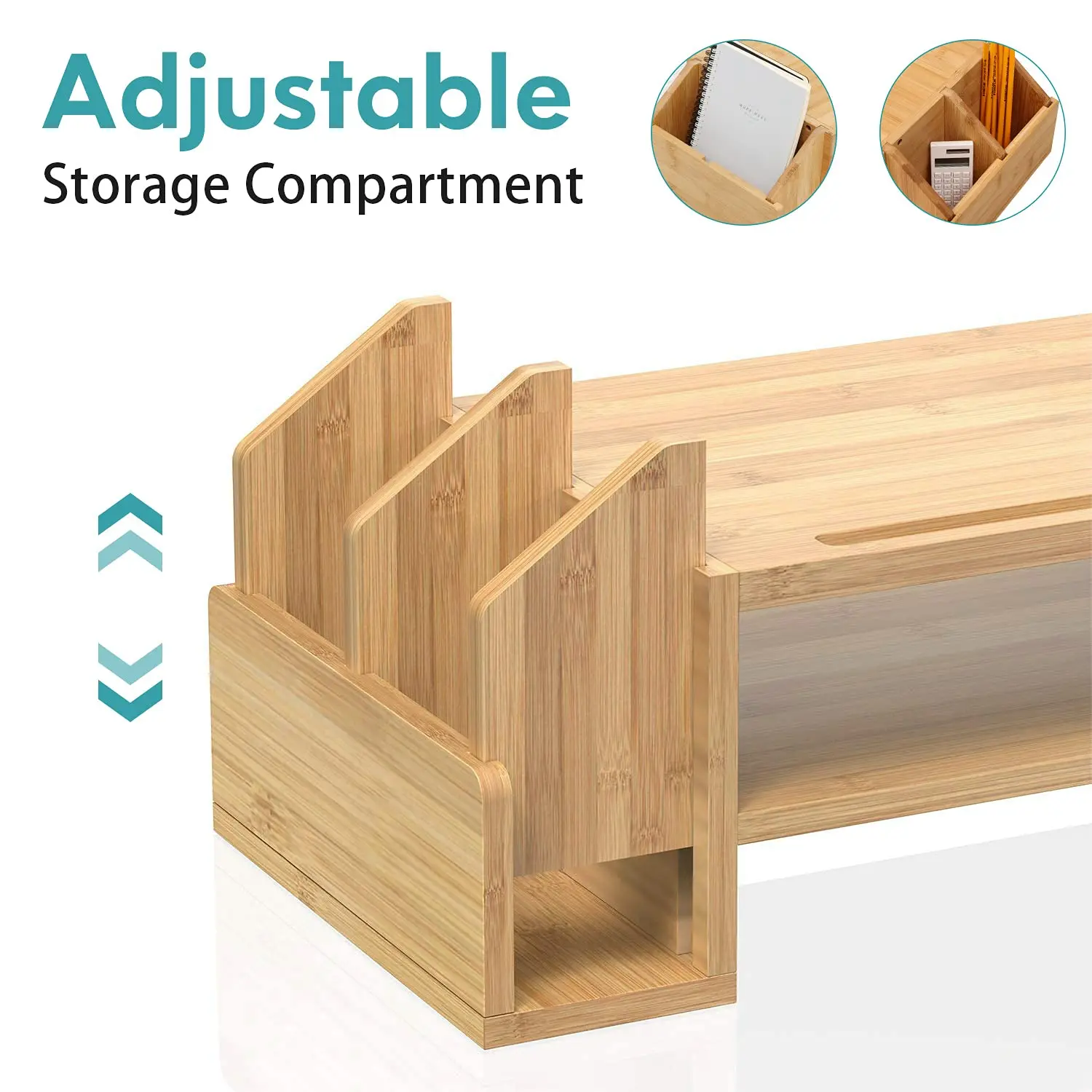 Bamboo 2-TIier Monitor Riser with Adjustable Storage Organizer Desktop Stand for Notebook