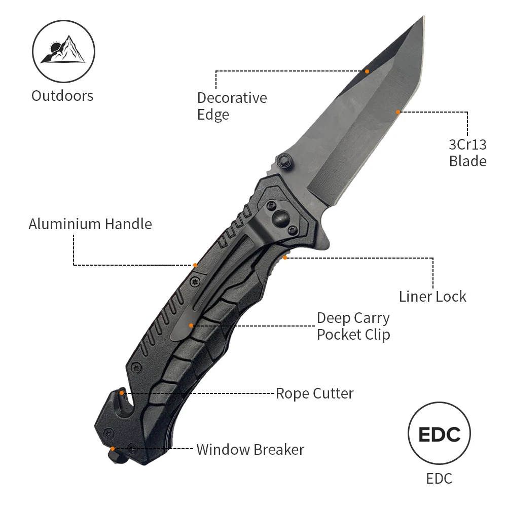 Tanto 3cr13 steel blade aluminum handle folding pocket hunting 3cr13 steel black knife with wholesale