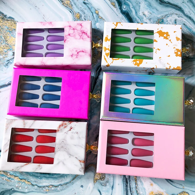 artificial fingernails long French rhinestones false nails private label custom press on nail packaging box