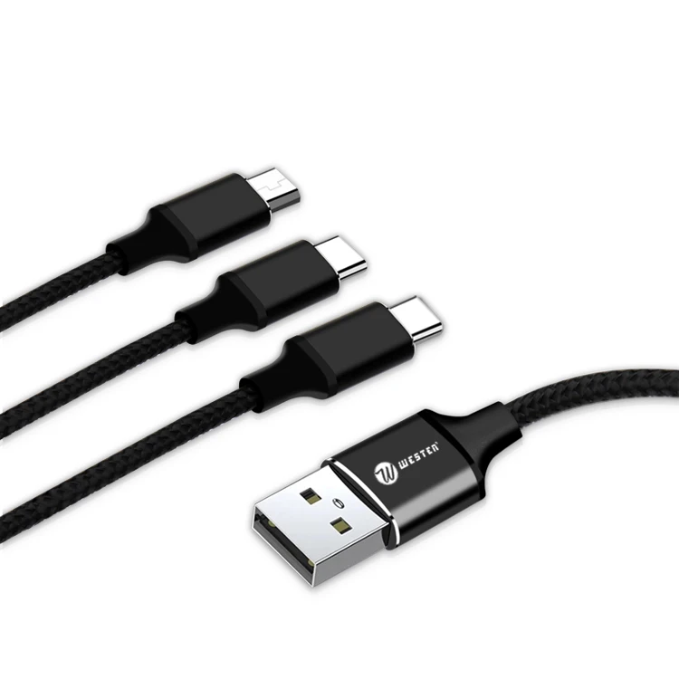 
mobile phone use nylon braided 4M long line fish net micro V8 8pin USB-C 3 in 1 usb fast charging cable 