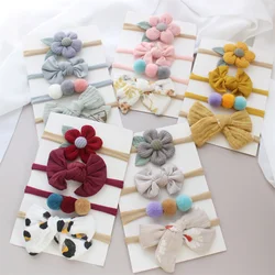 4pcs One Set Baby Flower Headbands Bows For Girls Cotton Pompom Elastic Hair Bands Newborn Knot Hairband Kids Accessories