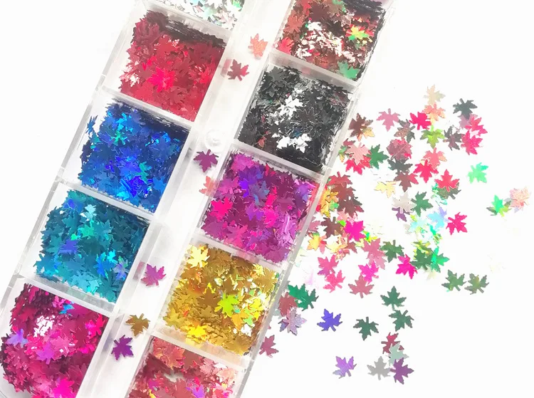 
12 Colors Maple Leaf Laser Sequin Ultra Thin Sequin For Nails Fall Art Stickers 
