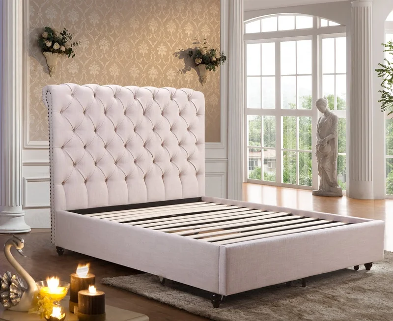 King size bed frame modern bed wing back chesterfield velvet fabric storage bed for bedroom
