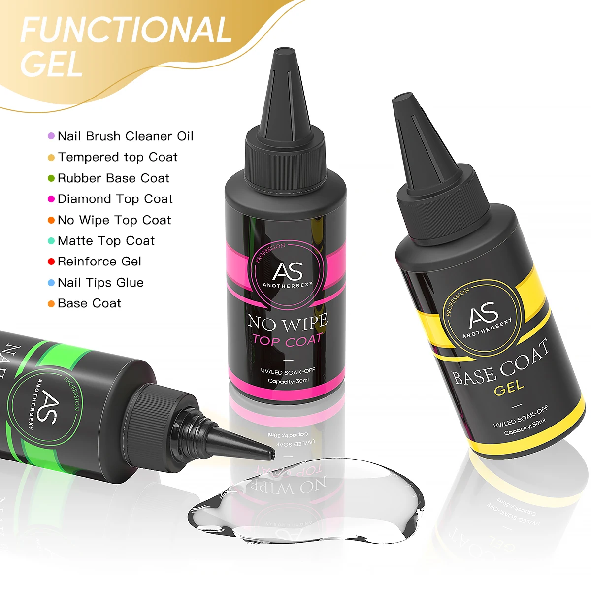 AS Private Label Nail Supplies Manufacture Top Coat And Base Coat Nail art BaseCoat Gel Polish 30ml Rubber Gel Coat Set
