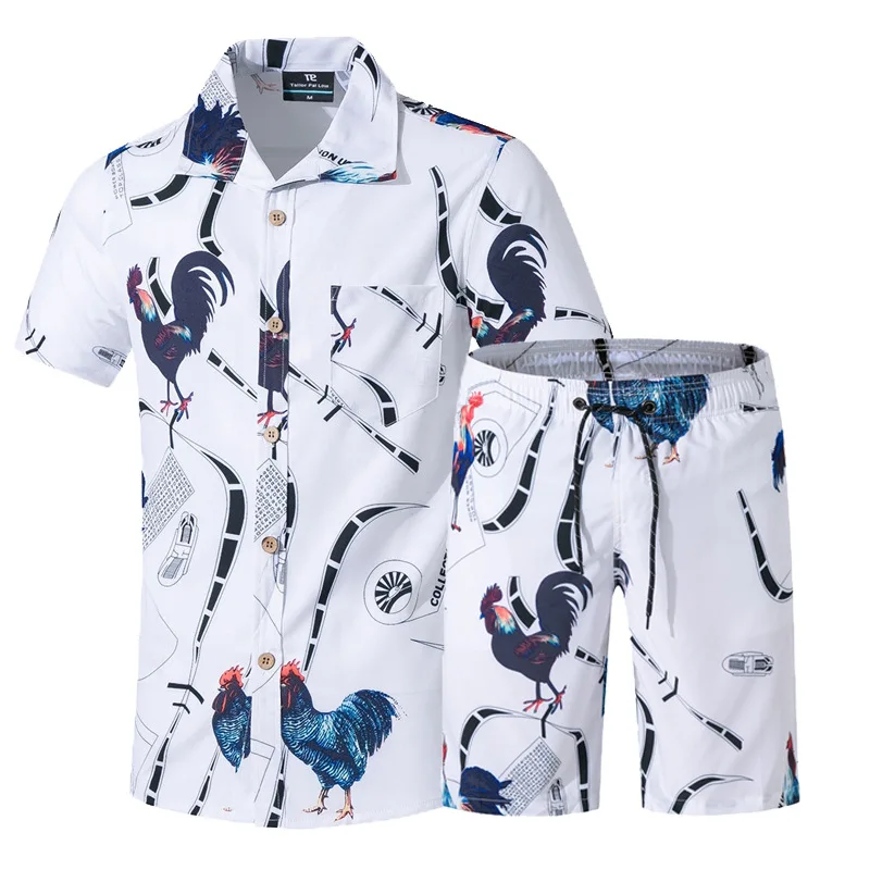 2021 New Cheap Summer Wear Stretch Men Hip Hop 2-piece shorts Printing Rayon Custom Men Hawaiian Beach Shirts Set