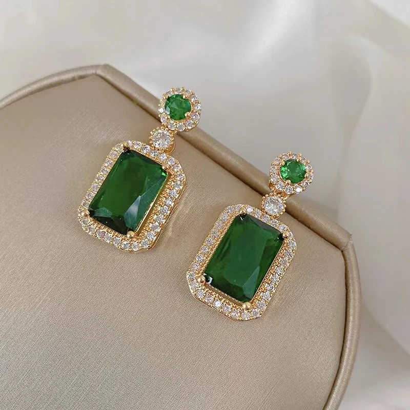 No Fade Square Gemstone Ring Wedding Earrings Hot Selling Emerald Zircon Crystal Vintage Stainless Steel Jewelry Set For Women