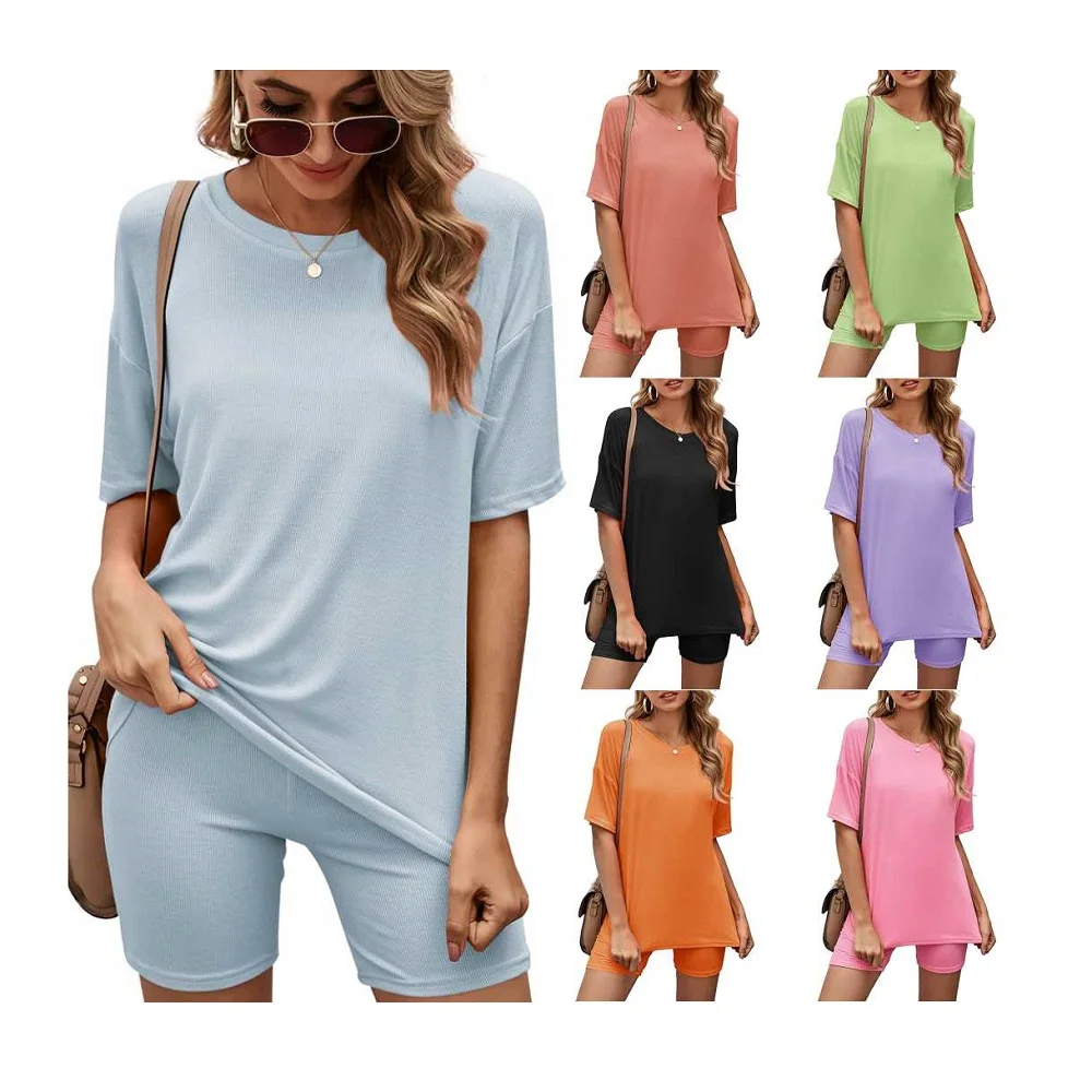 
SR015 2021 Women Summer Clothing Sportswear Cotton T-shirt Top and Biker Short Two Piece Set 