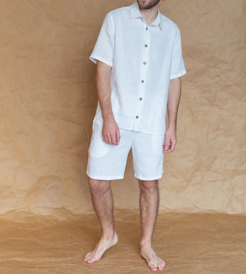 white 2 pieces men 100% linen casual short set suit set summer outfit fabric t shirt for men summer clothes long sleeve