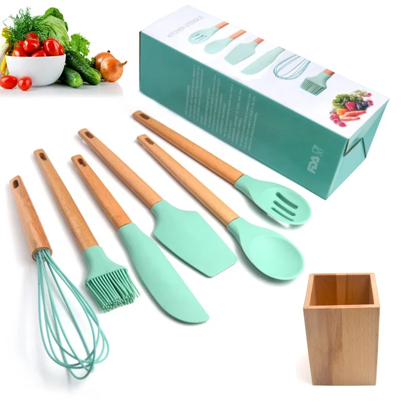 
Silicone Cooking Utensils Set 11 Pieces Natural Wooden Handles Kitchen Cooking Tools with Spatulas for Non Stick Cookware 