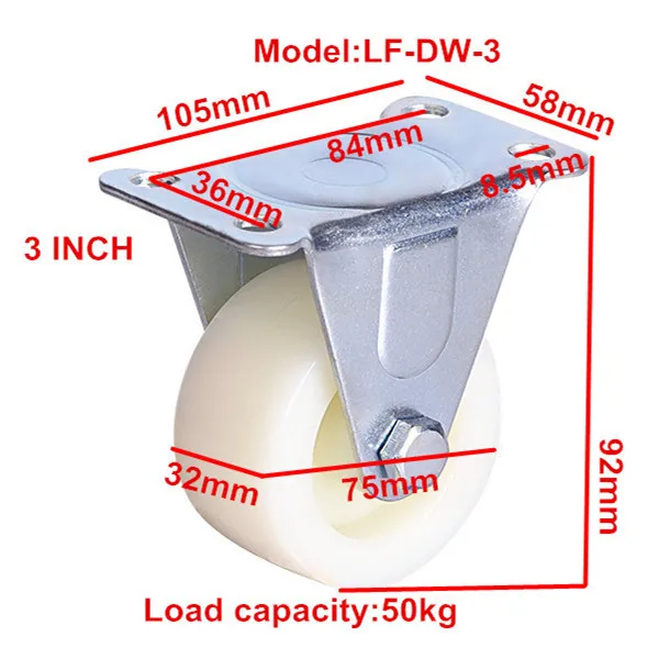 40/50/63/75mm PP/Nylon white  fixed fat wheel casters  light duty , richmond rollers casters