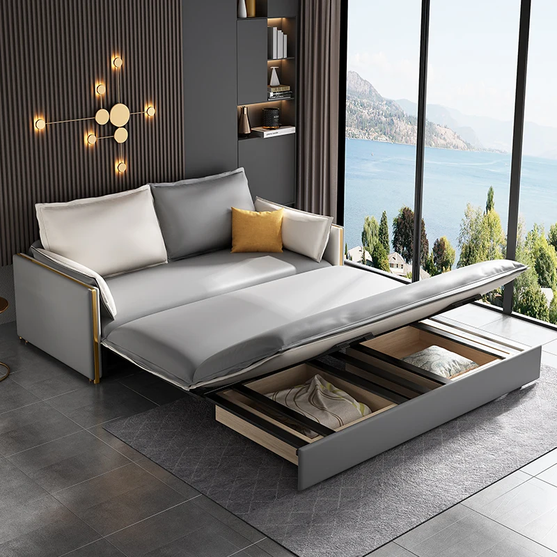 Multifunctional folding solid wood double sofa bed small apartment double storage single folding bed