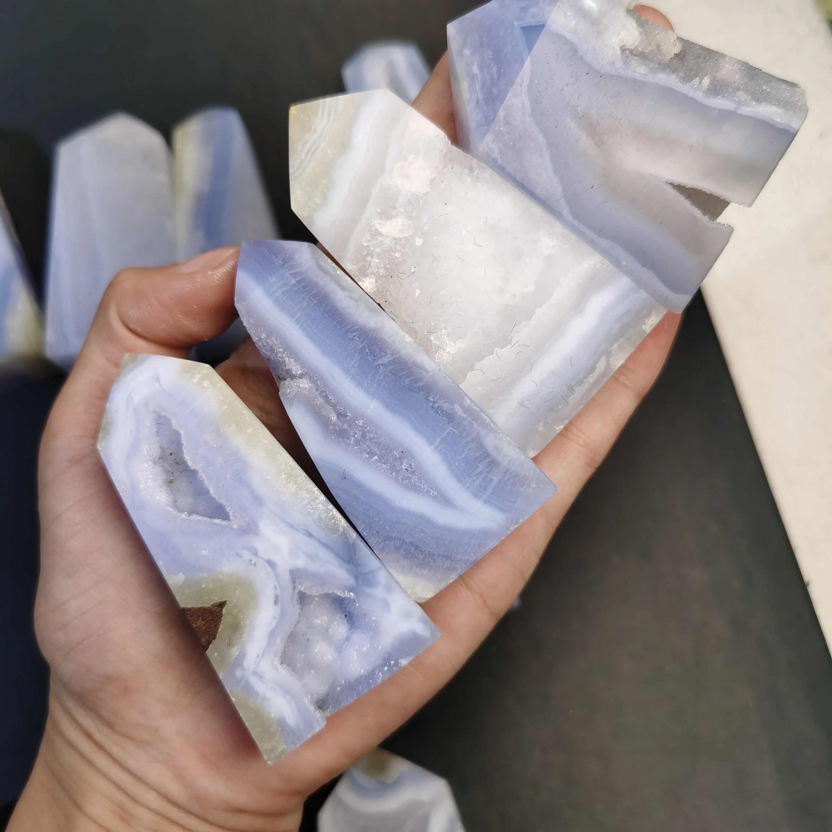 Reiki Crystal Stone Natural Blue Lace Agate Crystal Point Tower Raw Crystal Geode Healing