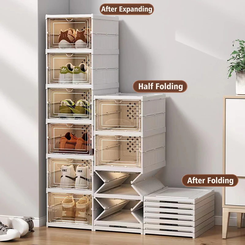 No Assembly Shoe Organizer Rack All-in-one Foldable Stackable Clear Plastic Shoe Storage Box Boots Sneaker Container Bins Holder