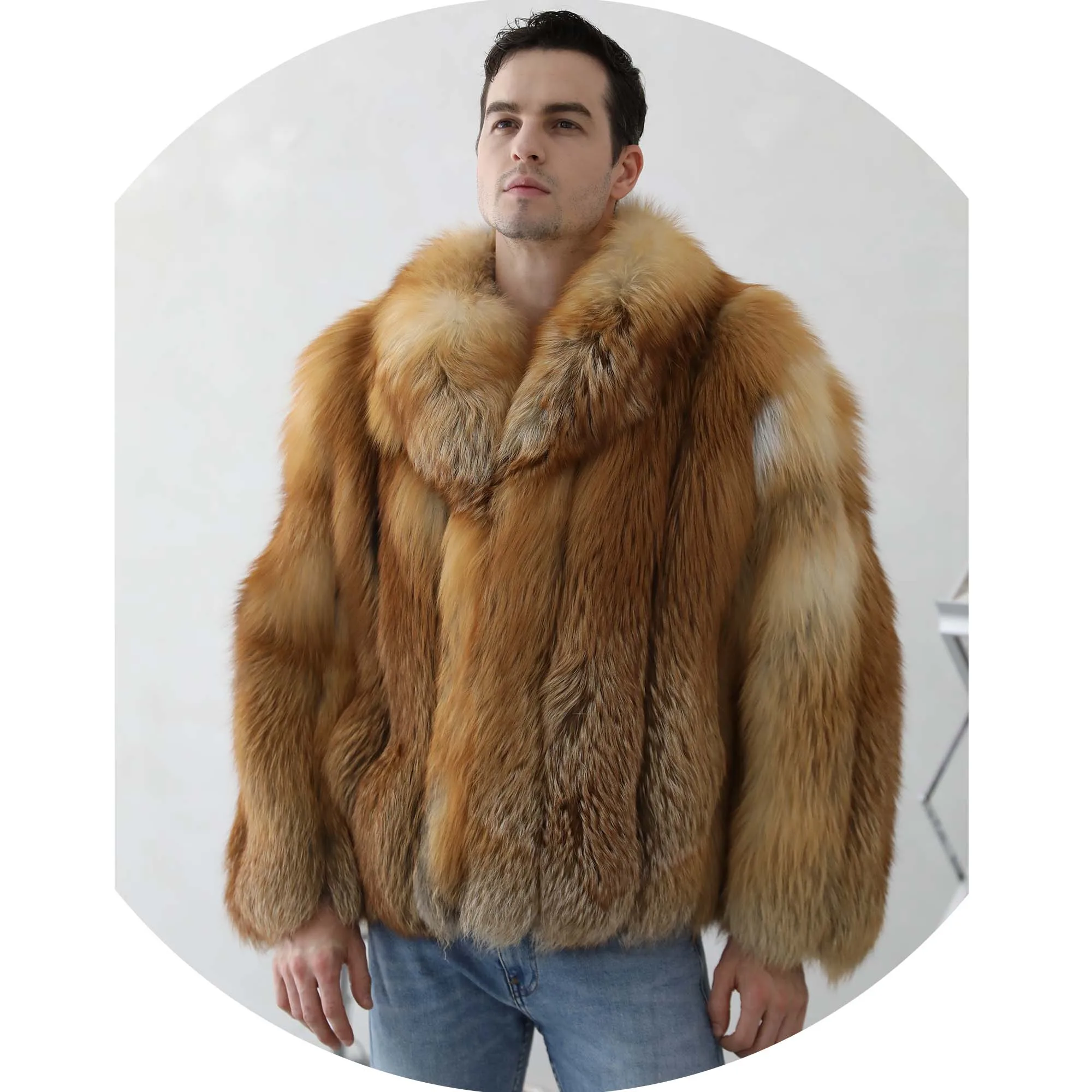 Winter Shawl CollarThick Luxury Custom Made Natural Red Fox Fur Coat Clothing Men